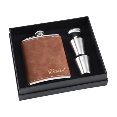 Image of Personalised Flask for Men 4 Designs, 8oz 304 Stainless Steel PU Leather Hip Gift Set, Engraved Custom Wedding Bachelor Party, Birthday Gift, Valentine (Brown)