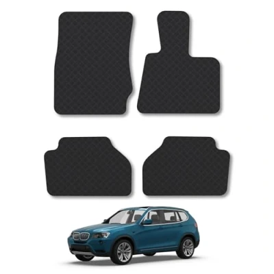 Image of Rubber Car Mats Compatible with BMW X3 (2011 2017) [F25] Tailored Fit Floor Set Accessory Black Custom 4 Pieces Clips Anti Slip Backing, Heavy Duty &amp; Waterproof