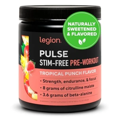 Image of Legion Pulse Pre Workout Supplement All Natural Nitric Oxide Preworkout Drink to Boost Energy, Creatine Free, Naturally Sweetened, Beta Alanine, Citrulline, (Caffeine Free Tropical Punch)