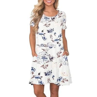 Image of AUSELILY Women&#039;s Summer Dresses Casual T Shirt Short Sleeve Dress Loose Swing with Pockets, Floral White M