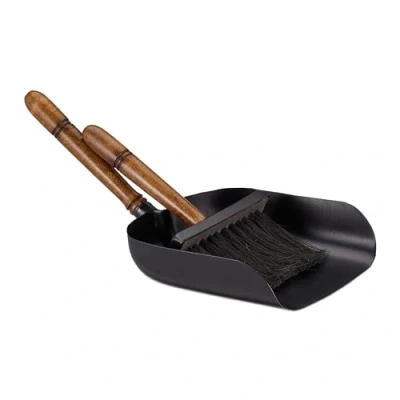 Image of Relaxdays Sweeping Fireplace, Iron Dustpan &amp; Hand Brush, Wooden Handle, Jute Bristles, Chimney Set, Black/Brown, 15 x 21 39 cm