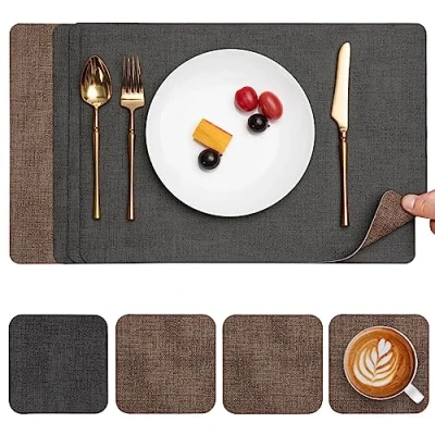 Image of Myir JUN Placemats and Coasters Set of 4, Place Mats Dual Sided Faux Leather Table PU Indoor Outdoor Heat Resistant Placemat Square Non Slip Wipeable Washable Dining Restaurant