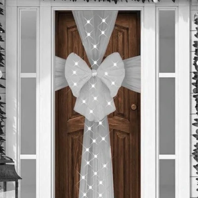 Image of Extra Large Deluxe Christmas Fabric Door Bow &amp; Ribbon Full Wrap White LED Light Traditional Wedding Xmas Party Gifts Outdoor Front (Grey with Lights)