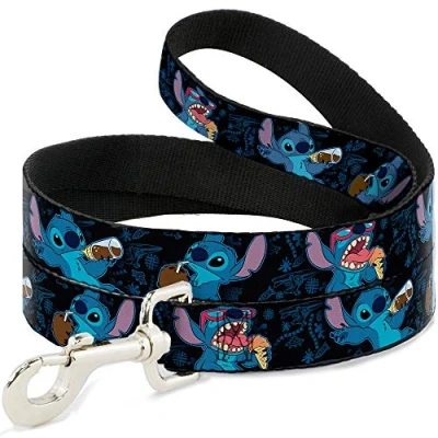 Image of Buckle Down Pet Leash Stitch Snacking Poses Black/Blue 4 Feet Long 1/2&quot; Wide