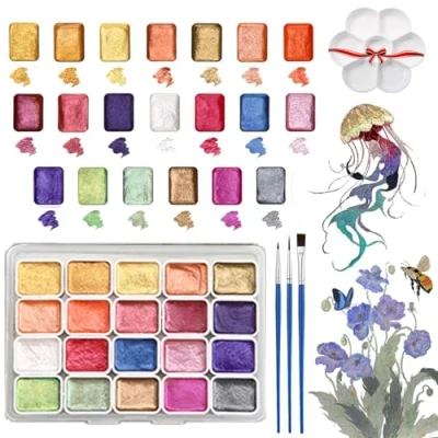 Image of Shifting Watercolor Painting Set, Paint, Portable Pearlescent Metallic Paints, Glitter Watercolour Solid Paint Box for Kids Adults Beginners Artists (20 colors,C)