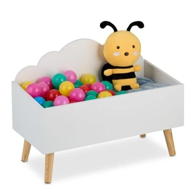 Image of Relaxdays Children&#039;s Toy Chest, Cloud Design, HWD: 45 x 60 30 cm, MDF, for Books &amp; Playthings, Open Storage Box, White, Wood