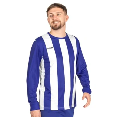 Image of FORZA Men’s Striped Long Sleeve Jersey Shirt [XS XXL] Premium Football T Shirts 5 Stripe Colour Options (UK, Alpha, XXL, Regular, Blue and White)