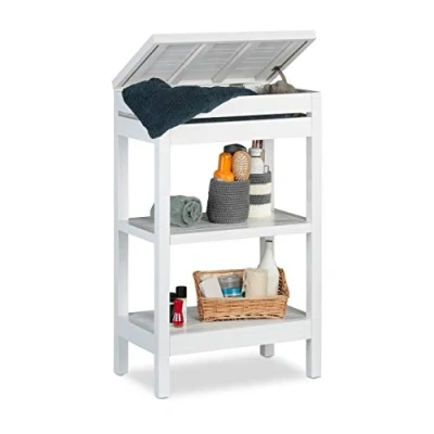 Image of Relaxdays Bamboo Shelf, Standing 3 Storeys, Slot with Lid, Open, HWD 76.5 x 46 29.5 cm, White