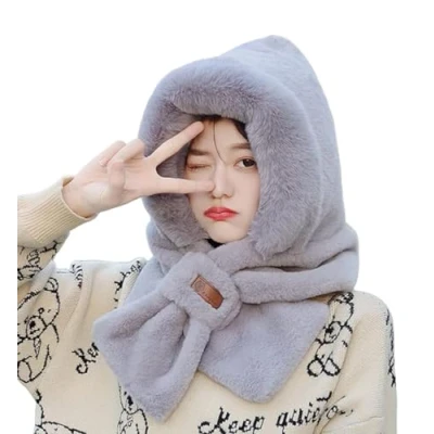 Image of New Knitted Faux Fur Trim Animal Ear Balaclava Hood Scarf Beanie Hat Fluffy (Grey)