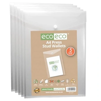 Image of eco A4 50% Recycled Clear Transparent Portrait Press Stud Popper Wallet, Plastic Folders 330x235mm (Pack of 5), 200mic, eco157