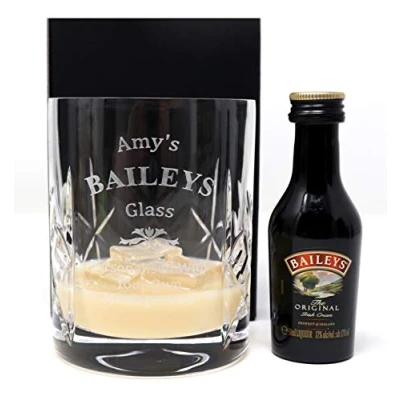 Image of Personalised Crystal Glass Tumbler &amp; Miniature Baileys Design (Baileys The Original Irish Cream Liqueur, Cardboard Gift Box)