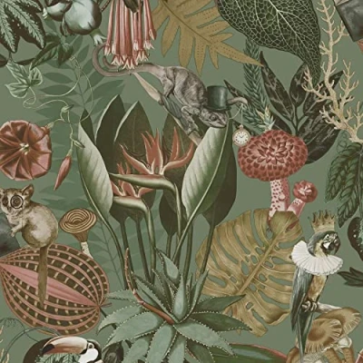 Image of Wonderland Jungle Floral Birds Animals Exotic Sage Green Smooth Wallpaper