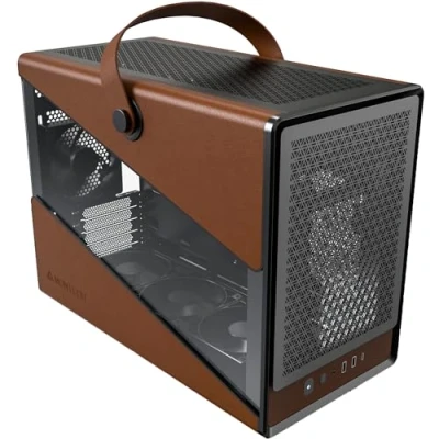 Image of MONTECH Heritage mATX, Micro Form Factor Compact Leather Gaming Chassis with Signature Handle Design, Supports Latest GPUs, ATX PSU, 360mm AIO, 4 Fans, Headphone Hanger Black