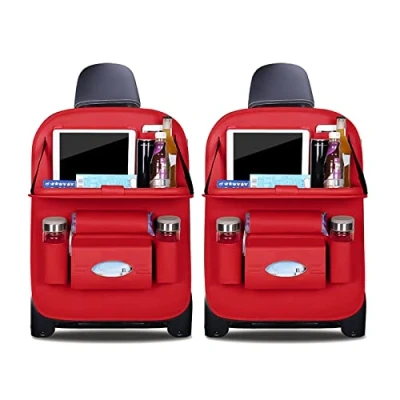 Image of Ergocar Car Back Seat Organiser Kick Mats Luxury PU Leather with Foldable Tablet Holder Organisers Storage Multi Function Protector for Long Trip and Family (Red 2 Pack)