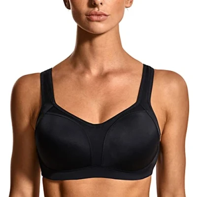 Image of SYROKAN Women&#039;s Sports Bras High Support Underwire Padded Impact No Bounce Plus Size Running Bra Black 38C