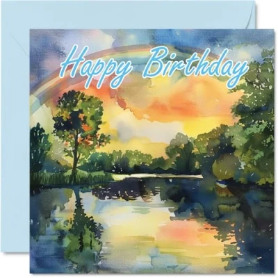 Image of Birthday Cards for Women Men Watercolour Rainbow Happy Card Mum Dad Brother Sister Uncle Auntie Cousin Grandad Nanny Friend 145mm x Bday Greeting