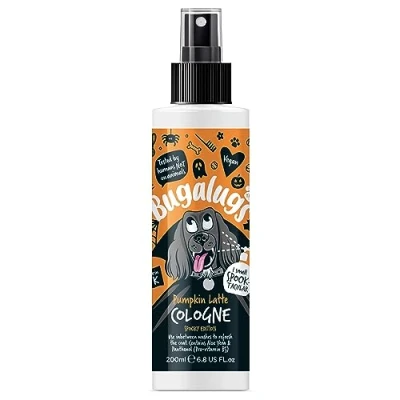 Image of BUGALUGS Dog Cologne perfume Spooky Edition Pumpkin Latte vegan deodorant deodoriser spray use with our professional groom Shampoo For Dogs, Cats &amp; Pets (Cologne 200ml)