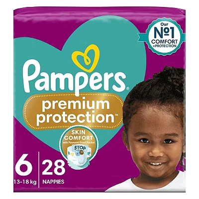 Image of Pampers Premium Protection Size 6, 28 Nappies, 13kg+, Essential Pack