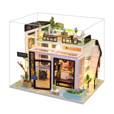 Image of erhumama 3D Music Studio Miniature Dollhouse Wooden Puzzle Model Furniture Kits DIY Dolls House Led Dust Cover Kid Birthday Gift Home Decoration