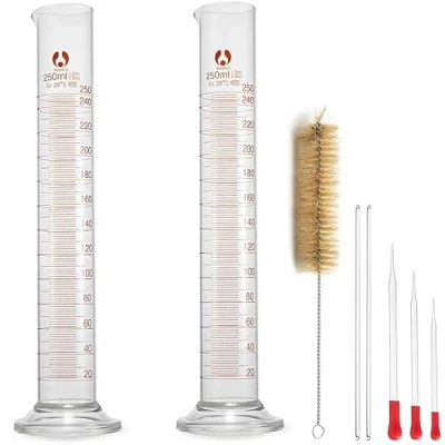 Image of Glass Graduated Cylinder 250ml, JESSTOLO 2 Pack 250ml Thick Borosilicate Lab Measuring with 3 Dropper, Cleaning Brush and Stirring for Chemical Laboratory Test