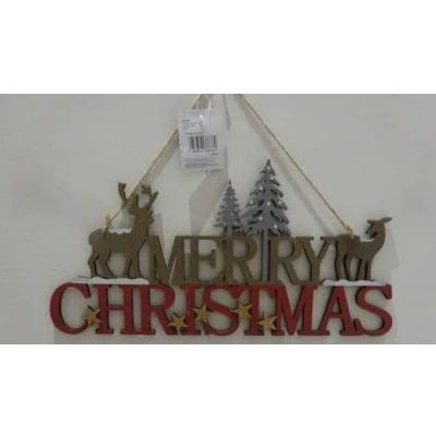 Image of Wooden Merry Christmas Sign Winter Forest Reindeer Hanging Decoration 41cm Wide