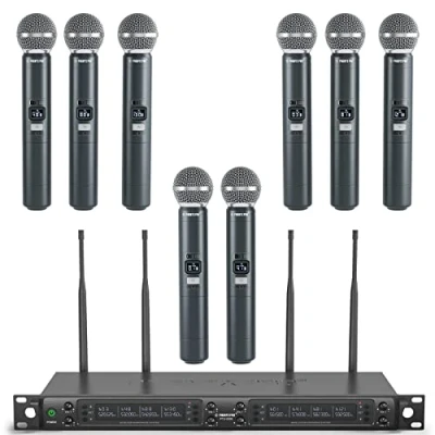 Image of Phenyx Pro Wireless Microphone System, Eight Channel Mic, w/ 8 Handheld Dynamic Microphones, Auto Scan,8x40 Adjustable UHF Channels, 328ft, for Singing, Church(PTU 6000A)