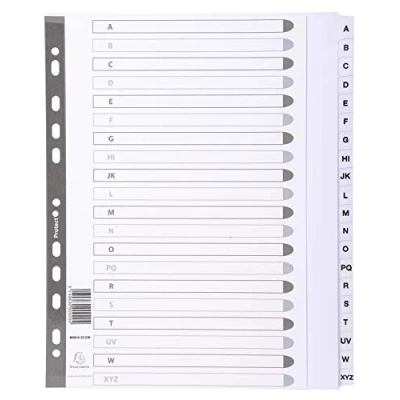 Image of Exacompta Ref MWDA ZZ EW Mylar Printed Indices For Use with A4+ Documents, Pre Punched, 160gsm White Card Reinforced Plastic Tabs, FSC Certified 20 Part Dividers (A Z)