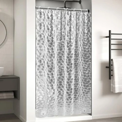 Image of OTraki 3D Shower Curtain 48&quot; x 72&quot;, Clear Weighted 120 200cm, Transparent with 8 Hooks, Plastic Curtains (Heavy Duty, Waterproof)