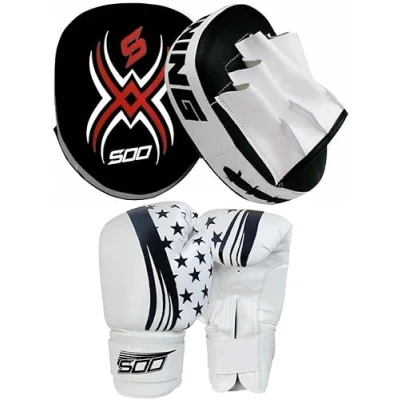 Image of Kids Boxing sparing, Training Gloves &amp; Punching Pads Rex leather Kids/Junior Bag Fitness Set Hook Jab Focus Punch Target Strike Mitts (Black/W)