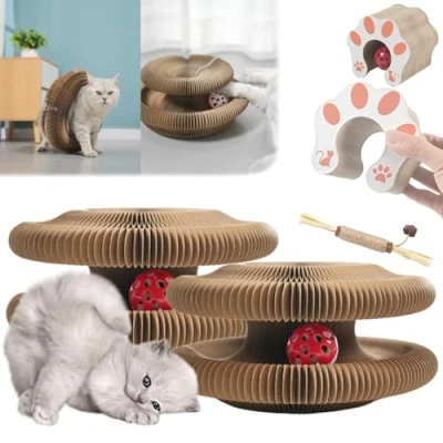 Image of fjaldjfu Marlene Kitty Kurlz, Kurlz Cat Toy, Foldable Scratch Board Toy with Bell, Accordion Ball Magnetic, Track Physical Exercise for Cats (2Set)