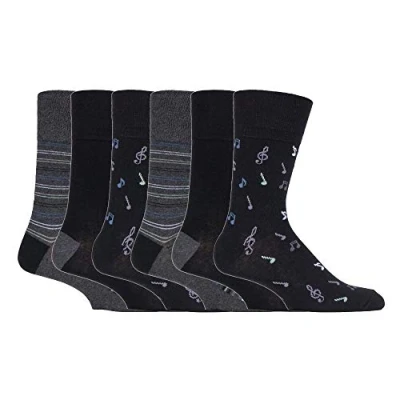 Image of Gentle Grip NEW: 6 Pairs Men&#039;s No Elastic Socks 11 uk, 39 45 eur (MGG546 Musical Notes)