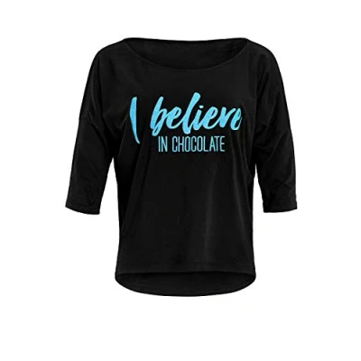 Image of Winshape Women&#039;s Damen Ultra leichtes Modal 3/4 Arm Shirt MCS001 mit Neon blauem „I Believe in Chocolate Glitzer Aufdruck Yoga Shirt, Schwarz Blau Glitzer, XL