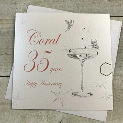 Image of White Cotton Cards BD135C Coupe Glass &quot;Happy Anniversary &#039;Coral&#039; 35 Years&quot; Handmade Card,