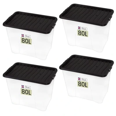 Image of Neat. Plastics 80L Storage Box, Clear Base, Black Lid Organise Easily with Plastic Box Lid, Ideal Boxes for Storage, Durable Lids Pack of 4