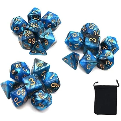 Image of DollaTek Polyhedral dice Set Table Games 3 Sets x 7 (21 Pieces) Die Series D20 D12 D10 D8 D6 D4 DND RPG MTG Double Colors One Piece (Black and Blue)
