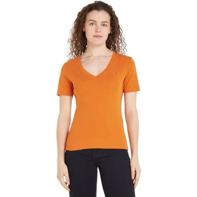 Image of Tommy Hilfiger Women&#039;s New Slim Cody V nk Ss Ww0ww40584 S/S Knit Tops, Orange (Autumn Orange), XL