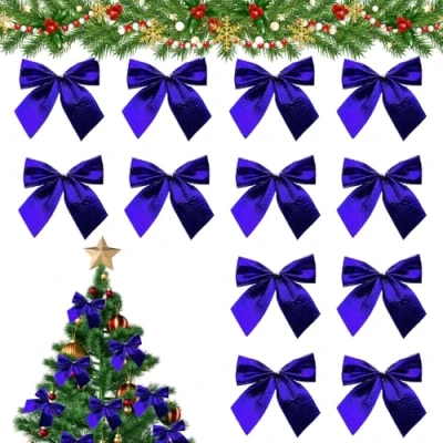 Image of TUONYIS 12 Pcs Navy Blue Bows Christmas Ribbon Velvet Tree Ties for Decorations Ornaments Xmas Bow (Navy Blue)