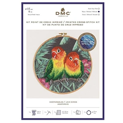 Image of DMC Love Birds Cross Stitch Kit, Includes Embroidery Threads, Needle, Wooden Drum and Instructions