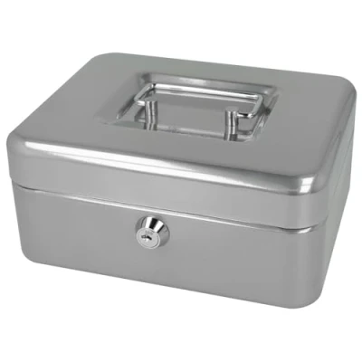 Image of Westcott Lockable cash box (20 cm) SILVER made of sheet steel with 2 keys Removable coin tray 3 compartments E 51001