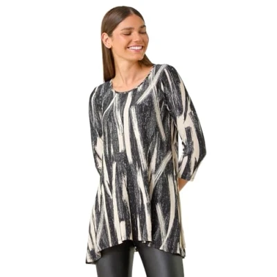 Image of Roman Originals Hanky Hem Tunic Top for Women UK Ladies Longline Blouse Asymmetric Hemline Casual Slouch Loose 3/4 Sleeves Round Neck Relaxed Comfortable Holiday Beige Size 18