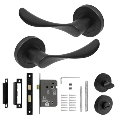 Image of Decoranddecor Matt Black Door Handle Levers Aluminium Alloy Handles Lever with Bath Lock Kit
