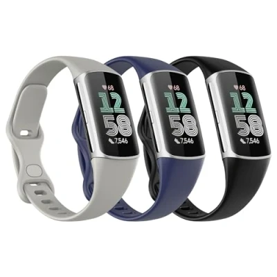 Image of Astorgos 3 Pack Slim Straps Compatible with Fitbit Charge 6/Charge 5 for Women Men, Soft TPE Watch Strap Thin Band Replacement Wristband, Black/Dark Blue/Rock Gray