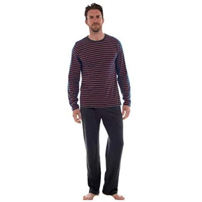 Image of INSIGNIA Mens Pyjama Set Long Sleeve Top &amp; Pants, XL, Charcoal Red Stripe