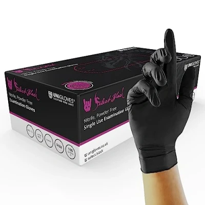 Image of Unigloves Select Black Nitrile GT0031 Single Use Examination Multipurpose, Powder Free Disposable Gloves, Optimised for Tattoo/Piercing and Beauty, Box of 100 Black, Extra Small