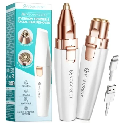 Image of VG VOGCREST Eyebrow Facial Trimmer: 2 in1 Rechargeable Hair Removal and Shaver Face Lips Body Painless Razor with Built in LED Light (White)