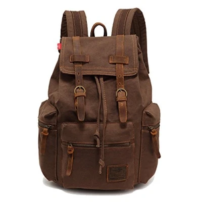 Image of Vintage Unisex Casual Leather Backpack Canvas Rucksack Bookbag Satchel Hiking Travel Outdoor Shouder Bag