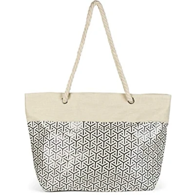 Image of styleBREAKER Ladies XXL Large beach bag with metallic infinity pattern and zipper, shoulder bag, shopper 02012347, Colour:Beige Black