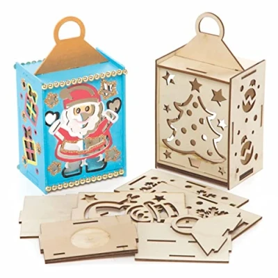 Image of Baker Ross FC144 Christmas Wooden Lantern Pack of 3, Winter Craft Set for Children, Arts and Crafts Kids Xmas Activities to Colour In, Decorate Display