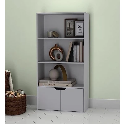Image of URBNLIVING 4 Tier Wide Grey Wooden Bookcase Cupboard with 2 Doors Storage Shelving Display Shelf Cabinet Unit (Grey Doors)