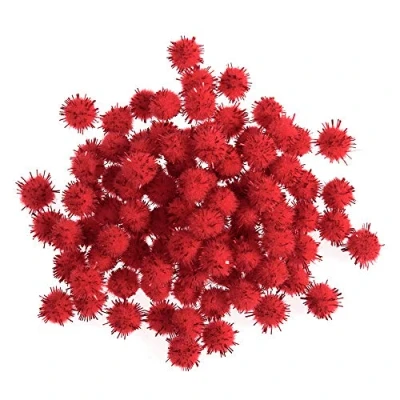 Image of 100 Red 7mm Glitter Craft Pom Poms Fluffy Acrylic Pompoms